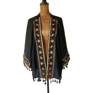 Embroidered Black Cardigan with Floral Accents